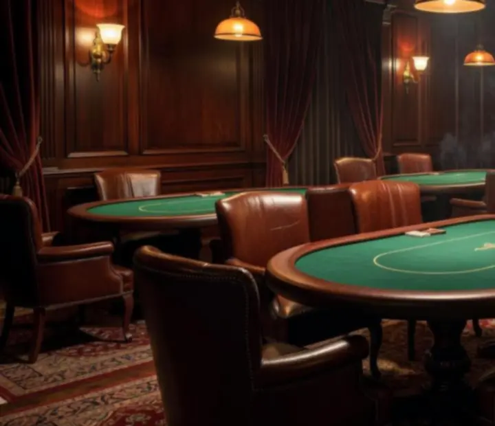 Elegáns offline Poker Lounge belső tér, professzionális pókerasztalokkal és hangulatos kártyaszobával