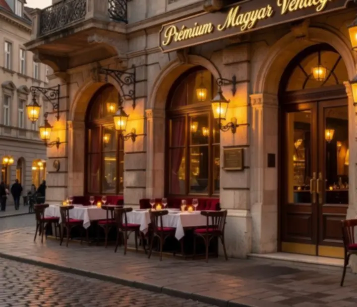 A Savor Hungary étterem budapesti külső nézete, meleg esti fényekkel