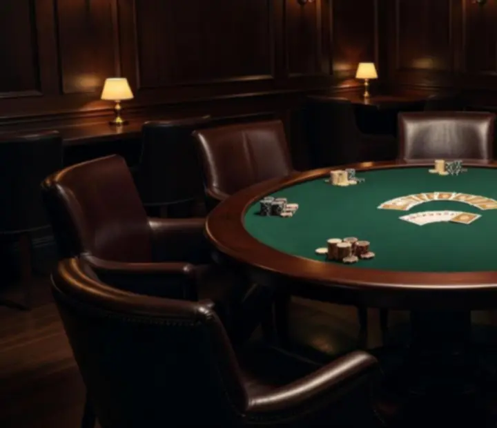 Offline Poker Lounge modern pokerasztalokkal és meleg esti megvilágítással.
